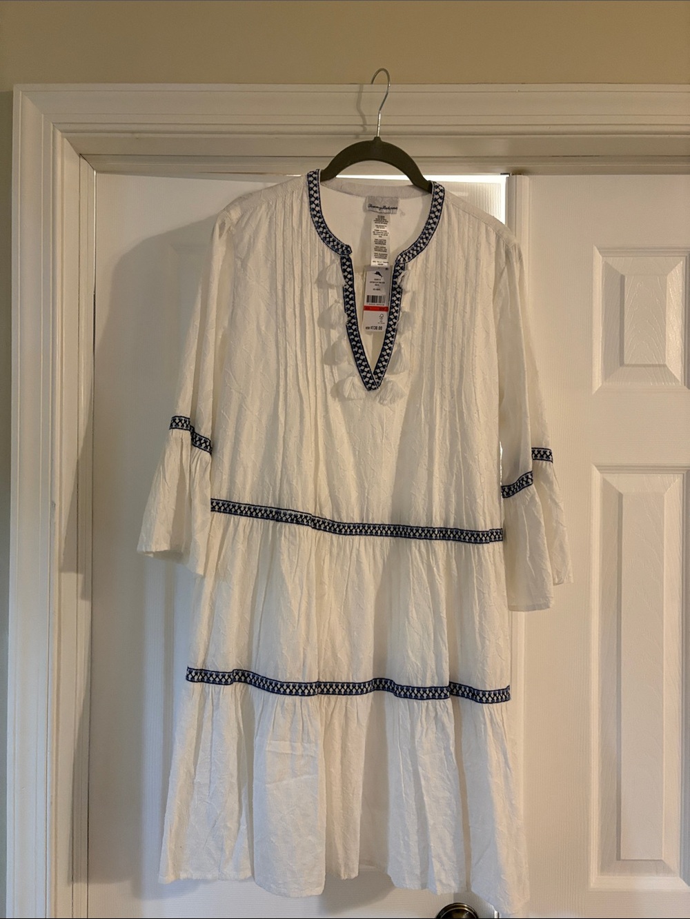 White Tiered Tunic Dress with Navy Trim
